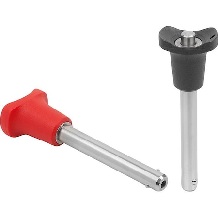 Ball Lock Pin W Mushroom Grip, D1=8, L=50, L1=7,8, L5=57,8, Stainless, Comp: Plastic Comp:Red